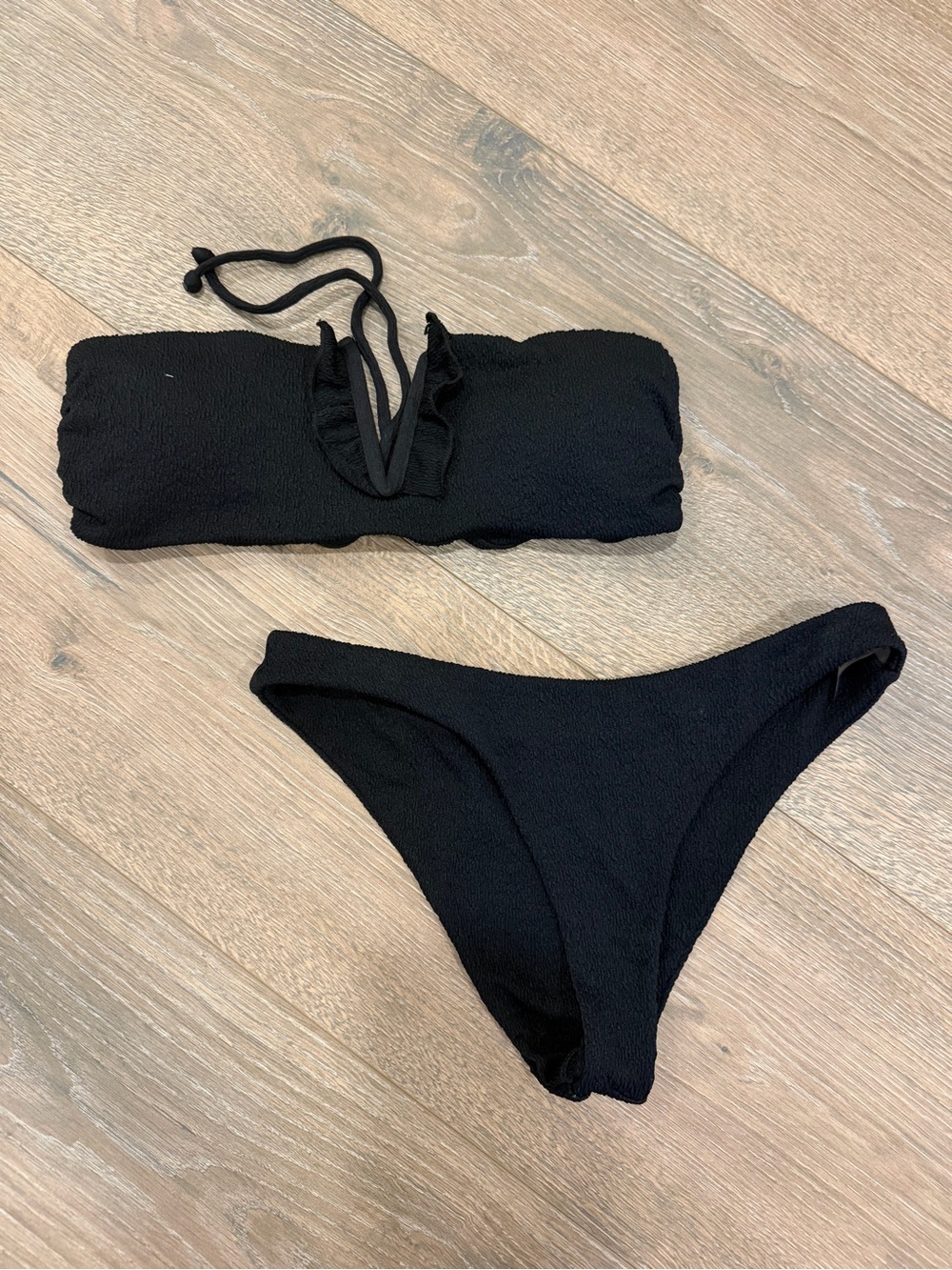 Black Textured Bandeau Bikini Set